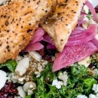 Power Salad · Shredded kale, dried cranberries, goat cheese, pickled red onion, quinoa, sliced almonds wit...