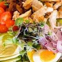 Cobb Salad · Romaine, grilled chicken, avocado, egg, bacon, tomato, red onion, cheddar, goddess-ranch dre...