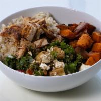 Chicken Harvest · Brown rice, sweet potatoes, kale, apples, pecans, goat cheese & balsamic dressing