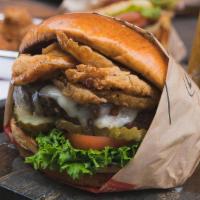 Shack Burger · Crispy onion strings, melted Swiss cheese and honey BBQ sauce. Comes with lettuce, tomato, o...
