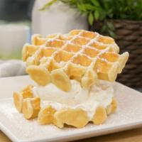 Waffle Ice Cream Sandwich · Choice of mango, green tea, vanilla,  coconut or durian.  680-700 cal