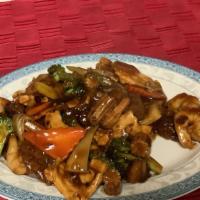 Triple Delight · Shrimp, chicken and beef stir-fried with mix vegetables with the house special hot brown sau...
