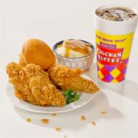 2 Pieces White Combo · Served with reg side, roll, and reg drink. Breast and wing, reg side, roll, reg drink.