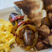 Sausage, Peppers & Eggs- · The Way Dad Used To Make. Spicy Italian Sausage, Sauteed Bell Peppers, Onions And Scrambled ...