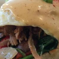 Pulled Pork Benedict- · Caramelized Onions, Roasted Bell Peppers And Spinach Over Our Crispy Poblano Potato Cakes To...