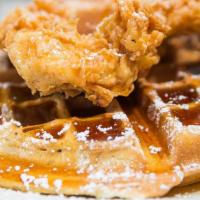 Chicken And Waffles- · Our House Made Waffle Mix And Hand Battered Fresh, Crispy Chicken Breast Served With Maple S...