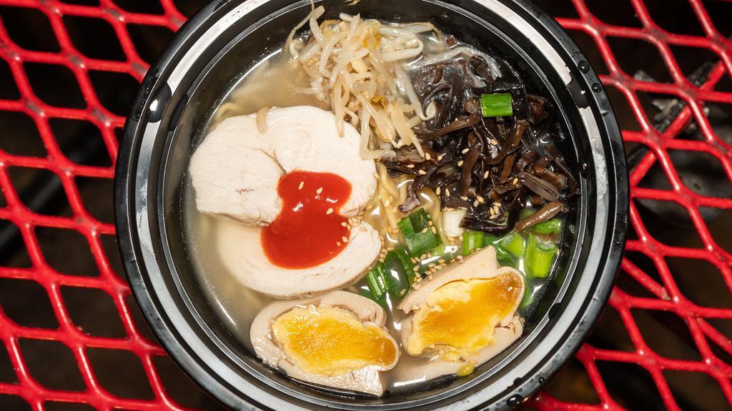 Spicy Chicken Ramen · Chicken broth: chicken chashu , green onion, bean sprouts, seasoning eggs, mushrooms serving with thick noodles