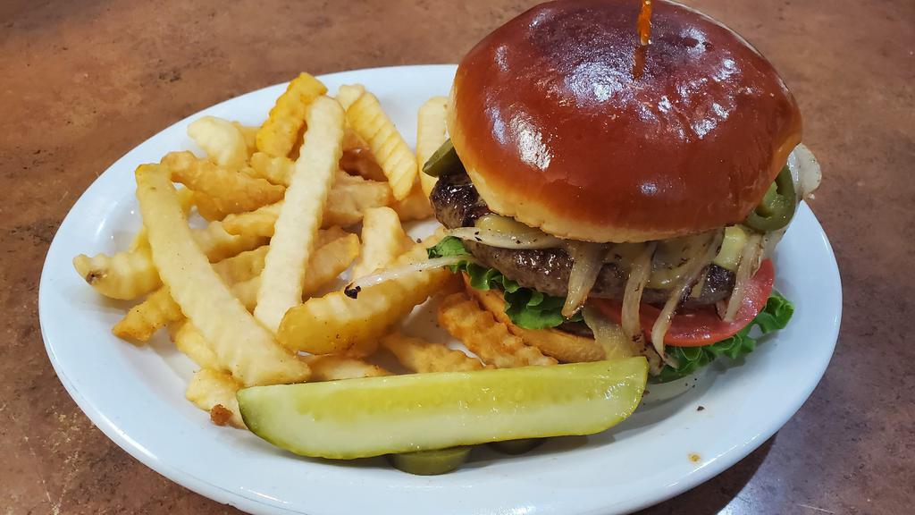 Single Cheese Burger · Single beef patty, special sauce, american cheese, grilled onions, lettuce and tomatoes.
