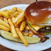 Bacon Egg Burger · Single beef patty, special sauce, american cheese, grilled onions, lettuce and tomatoes, bac...
