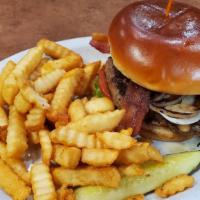 Bbq Bacon Burger · Single beef patty, american cheese, mayo, bbq sauce, bacon and grilled onions.
