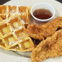 Chicken & Waffles · 2 chicken tenders and a waffle half.