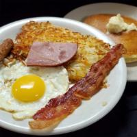 #1 · 1 bacon, 1 sausage, 1 ham, one egg, hashbrown and one buttermilk pancake