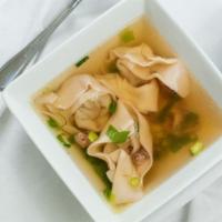 Wonton · Wonton skin filled with pork in a clear flavorful broth garnished with roast pork and chives.