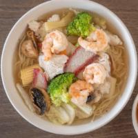 Combination Noodle Soup · Chicken, shrimp, and sliced roast pork with mixed vegetables combined with thin egg noodle i...