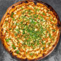 Chicken Tikka Masala Pizza · Chicken with tikka masala sauce, fresh Mozzarella, and fresh cilantro.