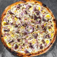 Portuguese Pizza · Imported prosciutto cotto, hard-boiled eggs, olives, blenched onions, fresh Mozzarella, oliv...