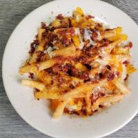 Shakin’ Bacon Cheese Fries · Our crispy fries smothered with cheddar & jack cheeses and crispy bacon, with a side of ranch.
