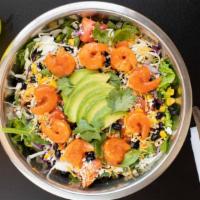 Chipotle Shrimp Salad · Romain, spinach, cabbage, tomato, onions, corn, beans, cilantro, mix cheese, avocado, chipot...