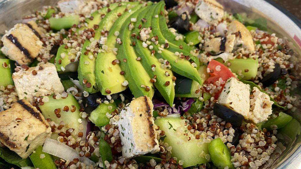 Vegan Salad · Spring mix, romaine, cabbage, cucumber, tomato, bell peppers, onion, olives, avocado, tofu, quinoa, balsamic dressing.