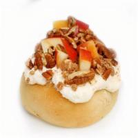 Caramel Apple Pie Roll* · caramel frosting topped with fresh apples, pecans, homemade pie crumble and caramel sauce