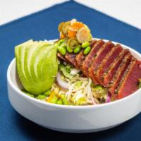 Barnone Asian Ahi Salad · Gluten free, spicy. 8 oz seared blackened ahi tuna, avocado fan, chopped romaine lettuce, As...