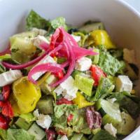 Greek Salad · Gluten free, vegetarian. Hearts of romaine, cucumber, celery, shallots, roasted red pepper, ...