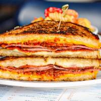 Italian Barnone Grilled Cheese · Spicy. Grilled sourdough, American, Cheddar, provolone, Gruyère, pepperoni, Black Forest ham...