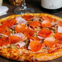 Mulberry · Crumbled Italian sausage, pepperoni, Canadian bacon, and Wisconsin mozzarella, with Russo's ...