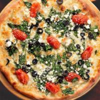 Mediterranean Pizza · (170-280 cal). Fresh spinach, Roma tomatoes, feta cheese, Wisconsin mozzarella, black olives...