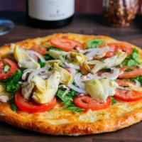 Heart Healthy Veggie · Fresh spinach, artichokes, white onions, mushrooms, Roma tomatoes, mozzarella cheese, and ba...