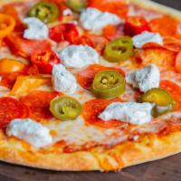 Doppio Pepperoni™ · (140-280 cal). Jalapeño peppers, double pepperoni, ricotta cheese, Russo's pizza sauce, and ...