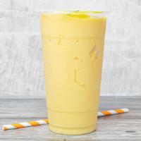 Mango Smoothie · Mango blended with soy milk, homemade syrup and ice.
