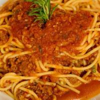 Pasta Bolognese · Homemade ground beef with our tomato marinara sauce and your choice of pasta