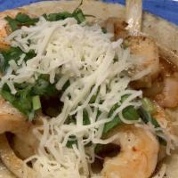 Shrimp Tacos · 3 shrimp tacos with mushrooms, onion and epazote.