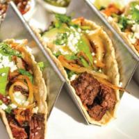 Tacos Plazeros (3 Tacos) · Corn tortilla tacos filled with your choice of beef fajita, chicken fajita, carnitas, or bri...