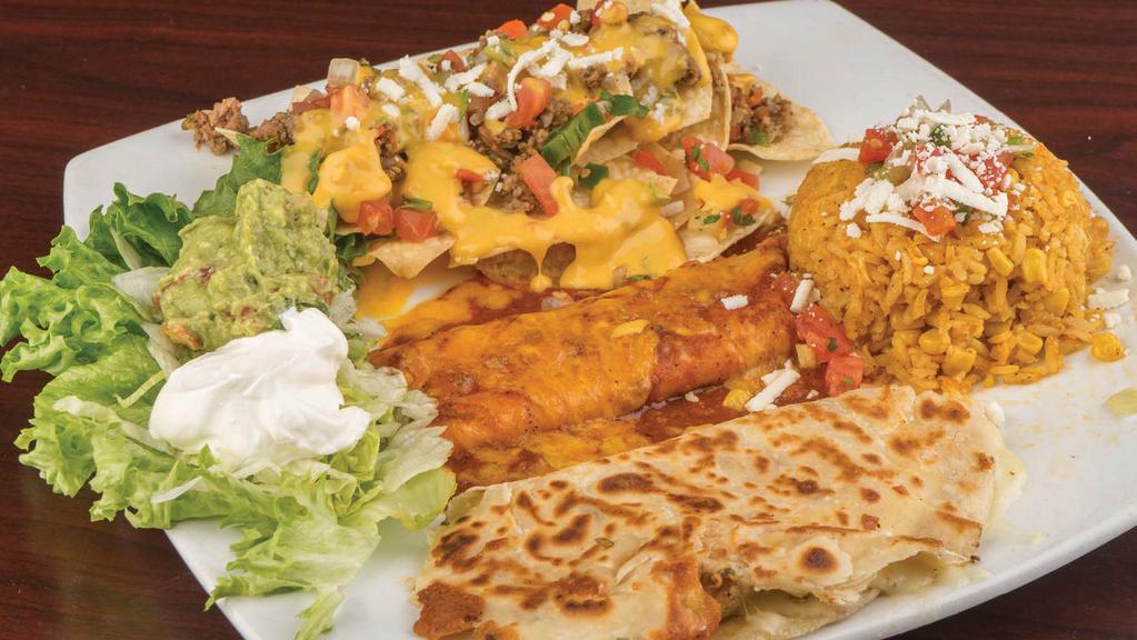El Aaron · Chicken quesadilla, cheese enchilada, ground beef, and cheese nachos. Served with rice, guacamole, and sour cream.