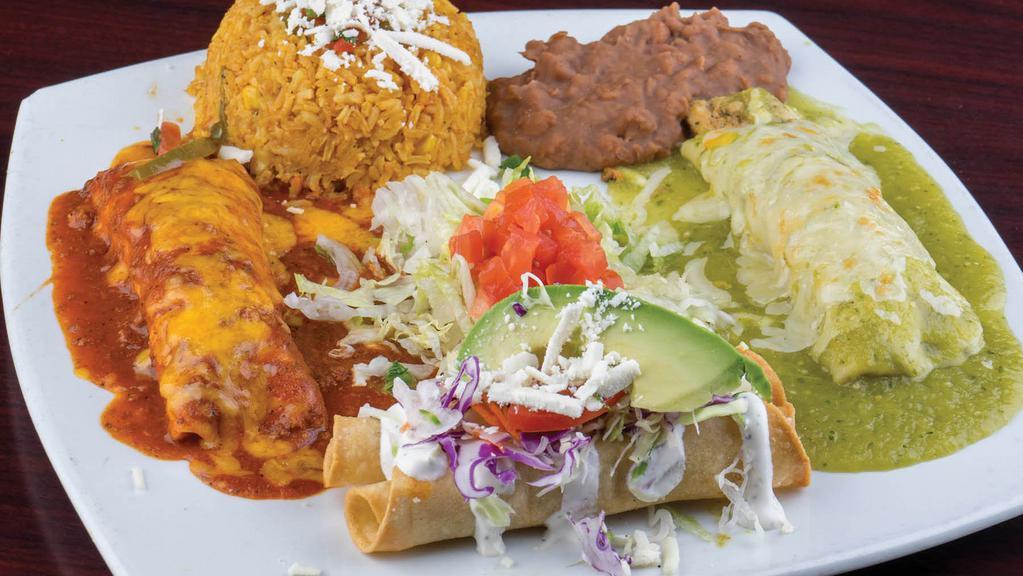 La Sophia · Cheese enchilada, chicken and cheese green enchilada, and 2 chicken taquitos. Served with rice and refried beans.