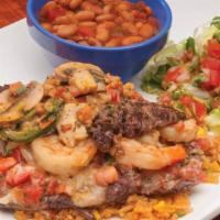 Carne Margarita · 8 oz. fajita steak stuffed with monterrey jack cheese, pico de gallo, and shrimp. Topped wit...