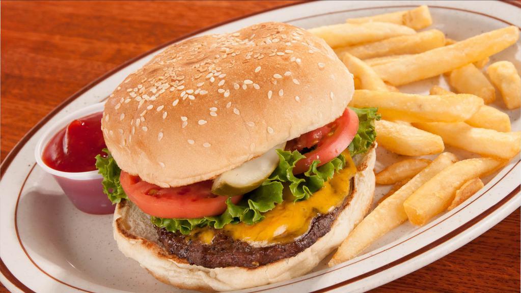 Kids Cheeseburger · Burger with cheese, lettuce, tomato, and pickle. Served with fries.