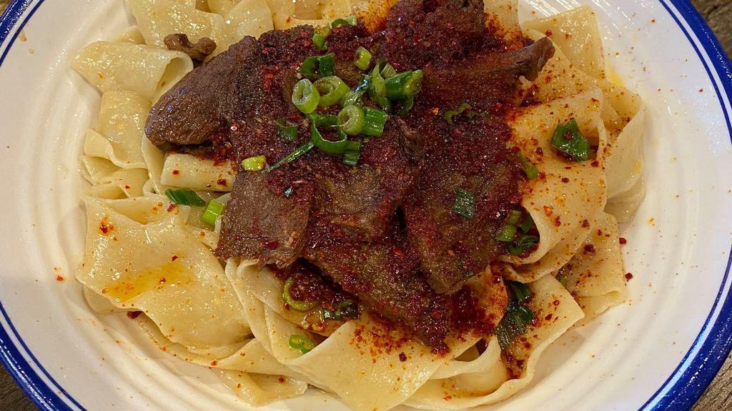 Youpo Noodle (Beef Only) · Hot & spicy. Bean sprouts, sliced beef, chili powder, and green onions.