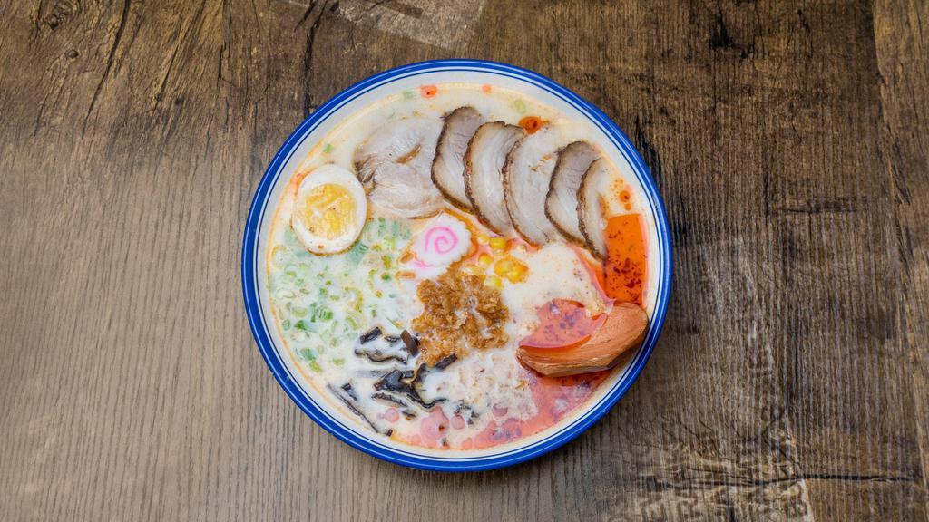 Tonkotsu Spicy Ramen · Hot & spicy. Choice of chicken, shrimp, beef, or pork chashu, green onion, kikurage, fried onion, sweet corn, egg, fish power, and served with thin noodle.