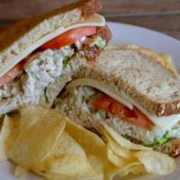 Chicken Salad Sandwich · Chicken salad sandwich. Chicken salad, cheese, spinach on whole wheat bread. Served with chi...