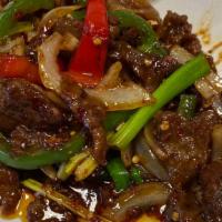 Mongolian · Spicy. Spicy Mongolian sauce, white and green onions, and red peppers.