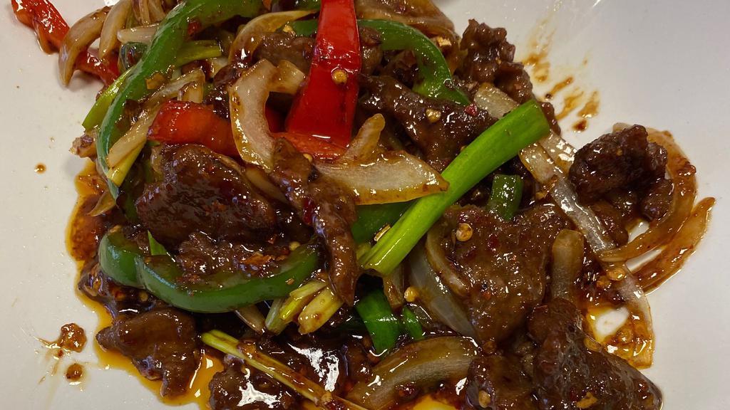 Mongolian · Spicy. Spicy Mongolian sauce, white and green onions, and red peppers.