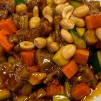Mandarin Kung Pao (Serves 5 - 7) · Spicy. Kung pao sauce, diced bamboo shoots, carrots, water chestnuts, celery, red peppers, z...
