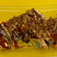 Hot & Crunchy Roll · Spicy imitation crab meat, jalapeño, and avocado, topped with spicy mayonnaise, eel sauce, a...