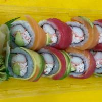 Rainbow Roll · California roll topped with salmon, tuna, and avocado.