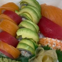 Chef Special Combo #5 · Half rainbow roll, half dragon roll, and salmon, tuna, and shrimp nigiri.