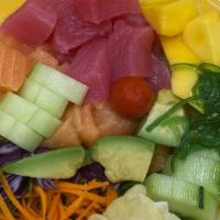 House Special Poke Bowl #1 · White or brown rice, tuna, salmon, seaweed salad, cucumber, carrot, avocado, mango, spring m...