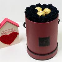 Red Round Box With Chocolate And Black Eternity Flowers  · Share something sweet with your loved one. Eternity roses that last 3-5 years Please add in ...